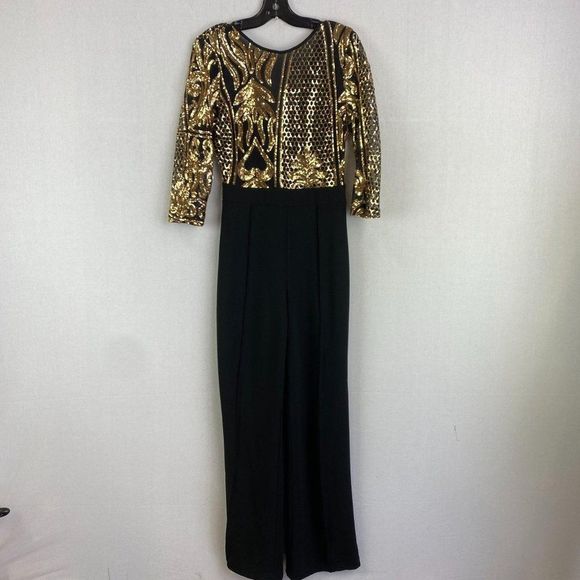 VALENTINE Gold Sequin Backless Jumpsuit - Picture 1 of 8